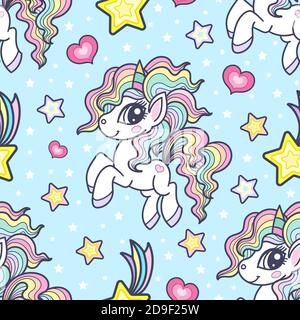 Seamless pattern with cute, little unicorns on a blue background. For fabric design, wallpaper, backgrounds, wrapping paper, scrapbooking. Vector Stock Vector