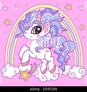 Cartoon cute unicorn and rainbow. Children's illustration. for the design of prints, posters, stickers, badges, etc. Vector... Stock Vector