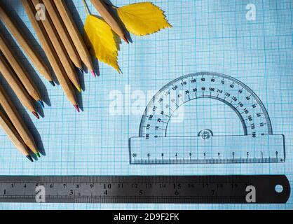Wooden pencils metal ruler transparent plastic protractor and yellow autumn leaves on blue graph paper. Free space for text. Stock Photo