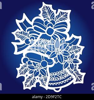 Template for laser cutting. Christmas bell with fir branches and ribbon. For cutting from any material. Christmas decorations. For the design of postc Stock Vector