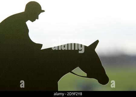 Silhouette of horse on window at Ayr Racecourse Ayrshire, Acotland UK Stock Photo