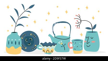 A set of ceramic dishes in the Scandinavian style. Beautiful poster in the kitchen. Print for kitchen items. Luxury tableware. Cute dishes. Art. Kettl Stock Vector