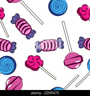 Sweet candy lollipops and wrapped chocolates. Vector seamless illustration. Stock Vector
