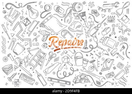 Repairs doodle set with lettering Stock Vector