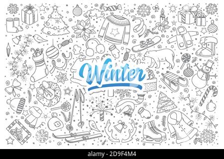 Winter doodle set with lettering Stock Vector