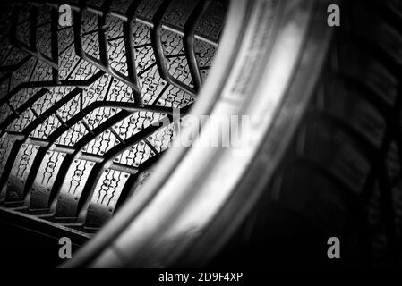 Car black tires close up. Car tires Stock Photo