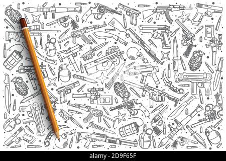 Hand drawn weapons set with black lettering Stock Vector