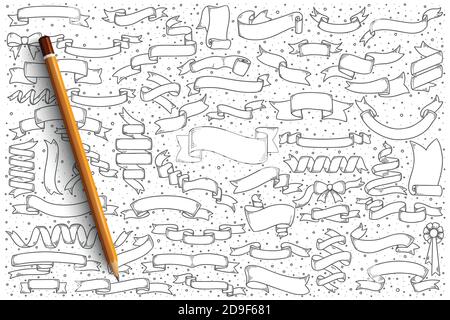 Ribbon banners doodle set with red lettering Stock Vector