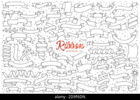 Ribbon banners doodle set with red lettering Stock Vector