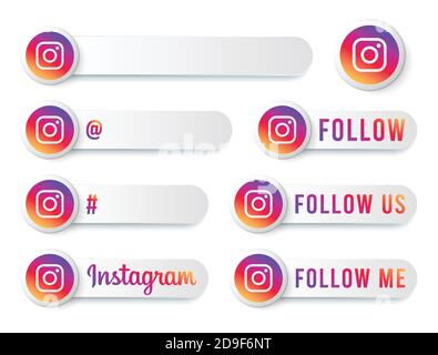 Instagram Buttons Collection with Multicolor Logo. White Social Media Tags Set with Modern Icons, Symbol, Sing, Banner. 3D Round Button Templates. Stock Vector