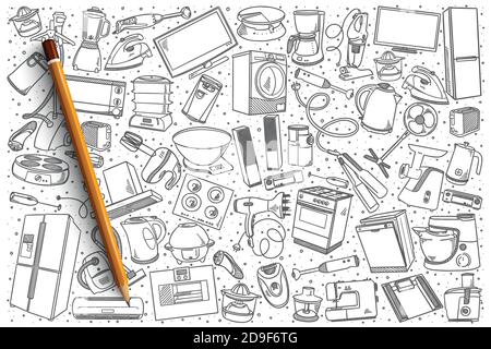 Hand drawn home appliances set background Stock Vector