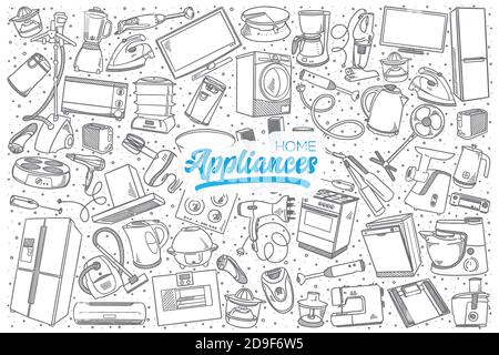 Hand drawn home appliances set with lettering Stock Vector