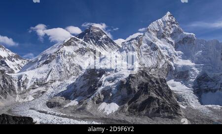 Stunning view of mighty Mount Everest (peak 8,848 m) and the west side of Nuptse (7,861 m) with famous Khumbu ice fall below viewed from Kala Patthar. Stock Photo