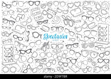 Hand drawn spectacles shop set with lettering Stock Vector