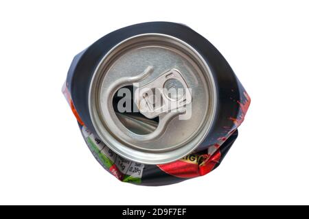 squashed crushed can of Tango Orange original drink ready for recycling isolated on white background Stock Photo