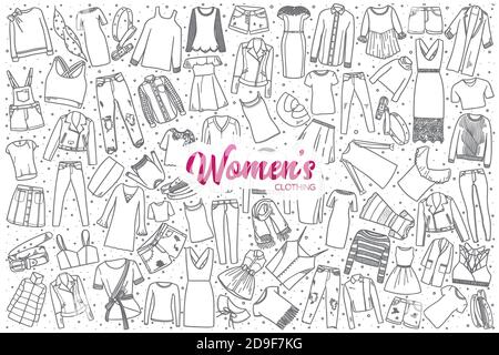 Hand drawn women's clothing set with lettering Stock Vector