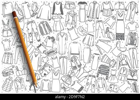 Men's and Women's Clothing set sketch. Clothes, hand-drawing