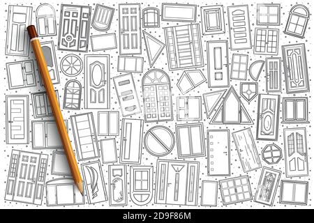 Hand drawn Windows and vector doors doodle set Stock Vector