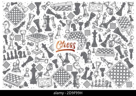 Hand drawn Chess doodle set with lettering Stock Vector