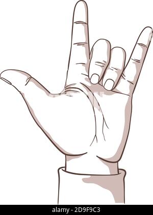 Illustration isolated on white background of a hand showing the I Love You sign, or Rock sign. Stock Vector