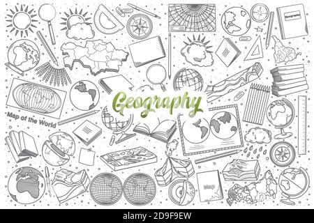 Hand drawn Geography doodle set with lettering Stock Vector