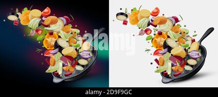 Different vegetables falling into frying pan, mix of sliced food Stock Photo