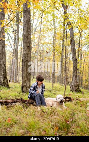 Young boy playing in the woods with his dog on an autumn day. Stock Photo