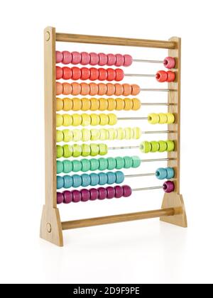 Wooden abacus with colorful beads shot on white Stock Photo