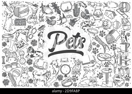 Hand drawn pets vector doodle set. Stock Vector