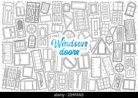 Hand drawn Windows and doors doodle set Stock Vector