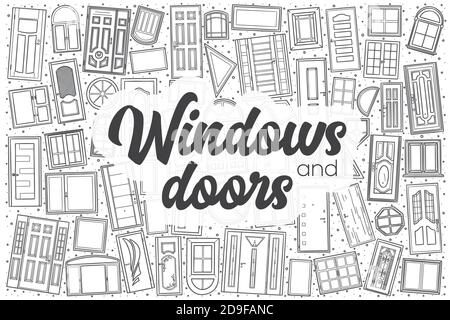 Hand drawn windows and doors vector doodle set. Stock Vector