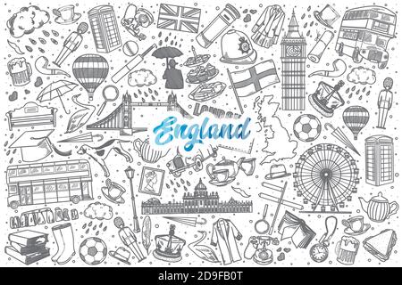 Hand drawn England doodle set with lettering Stock Vector