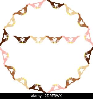 Round frame made of human palms in different colors. The palms are closed in the form of hearts. The idea of ​​unity of races and nationalities.  Stock Vector