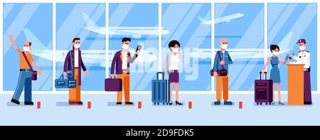 New norma - people in masks observe social distance in the airport check-in line Stock Vector