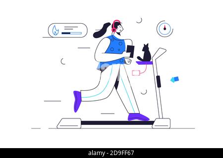 Girl runs on a treadmill with headphones Stock Vector