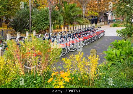Santander boris bikes for hire, vauxhall pleasure gardens, london, uk Stock Photo