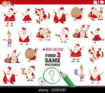 Cartoon illustration of finding two same pictures educational task with Christmas characters Stock Vector