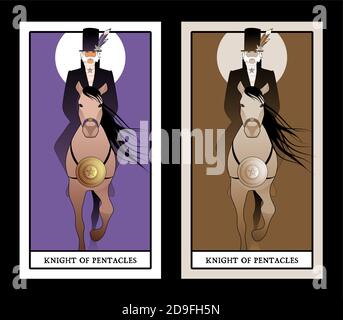 Knight dressed in the old style, with mustache, sideburns and top hat worshiping with feathers, riding an elegant horse with long mane and golden pent Stock Vector