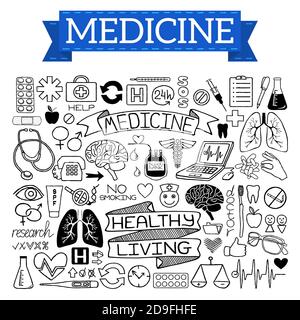 Medical doodles set of icons isolated on white background Stock Vector