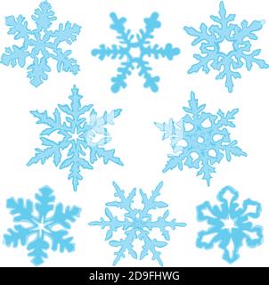 Vector set of blue snowflakes isolated on a white background. Collection of elements winter design. Eight showflakes of different shapes. Stock Vector