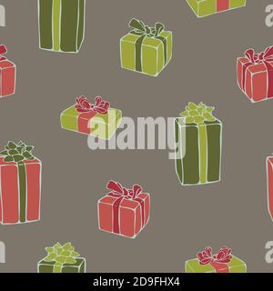 Vector seamless pattern with colorful gift boxes on a green background. Pattern for fabric print, wrapping paper design. Stock Vector
