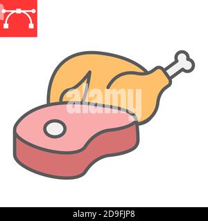 Meat and poultry color line icon, chicken meat and steak, beef sign vector graphics, editable stroke filled outline icon, eps 10. Stock Vector