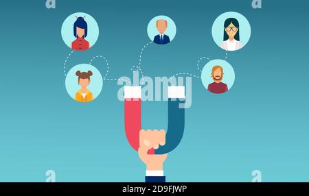 Customer retention concept. Vector of a businessman hand with magnet attracting customers Stock Vector