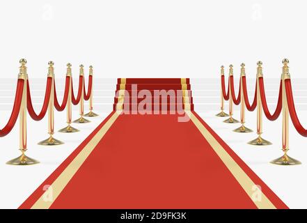 Red carpet on stairs with red ropes on golden stanchions Stock Vector