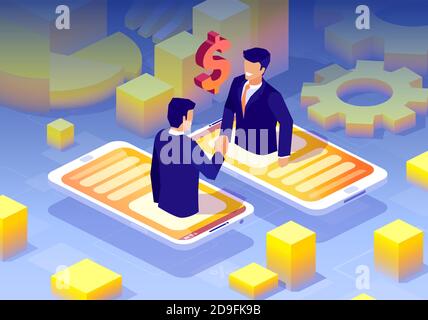 Vector of a two businessmen handshaking having online deal via mobile app technology Stock Vector