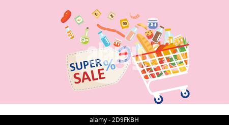 Grocery sale advertisement banner concept. Vector of a shopping cart full of groceries on pink background Stock Vector