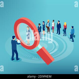 Vector of a businessman looking through magnifying glass at job applicants recruiting new employees Stock Vector