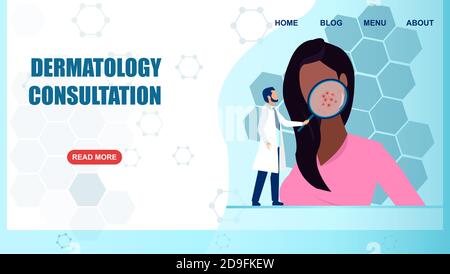 Vector of a dermatologist with magnifying glass examining patient face with skin problem. Stock Vector