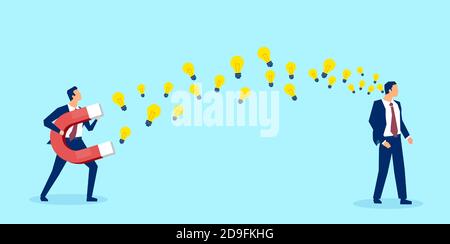 Vector of a businessman with magnet stealing ideas light bulbs from a rival colleague Stock Vector