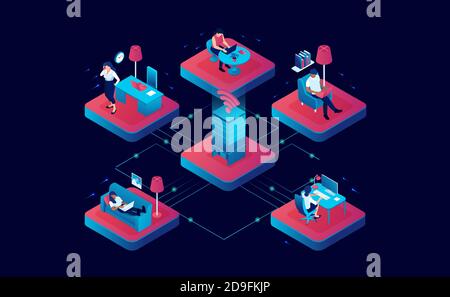 Vector of people employees connecting online in a network and working remotely from home for a company. Stock Vector